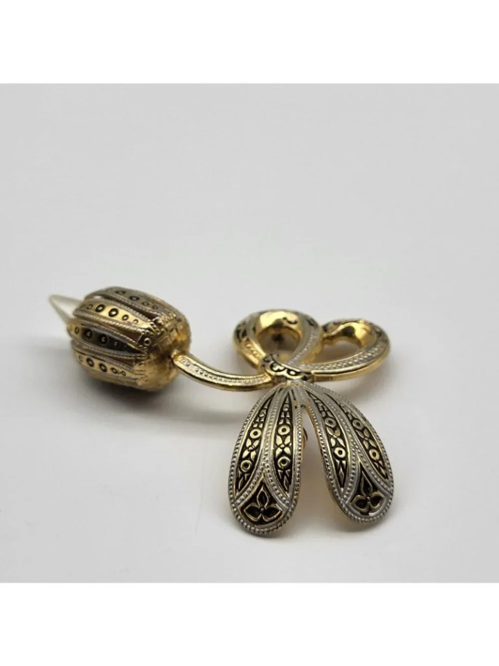 Fabulous vintage damascene faux pearl brooch pin whimsical fun